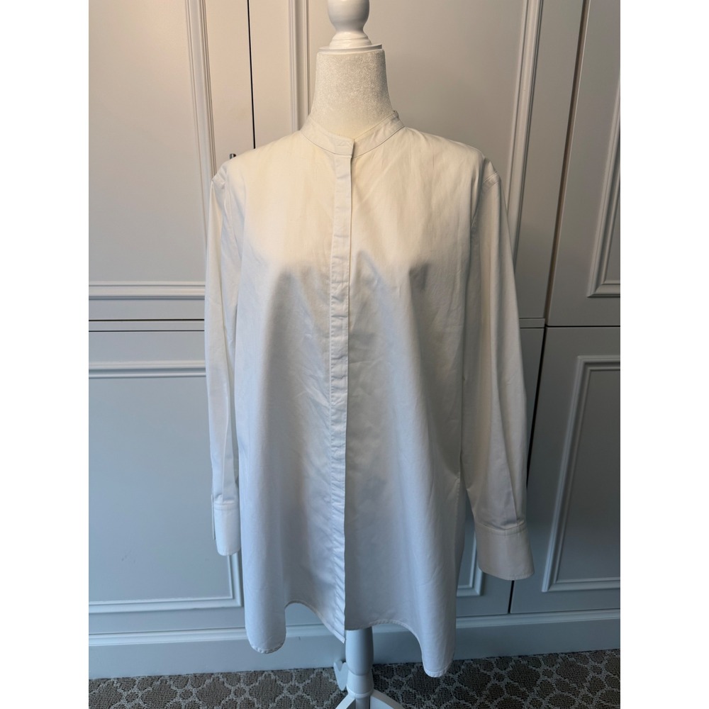 CO Essentials Tunic Top Women Small White Very Good Band Collar Cotton Poplin